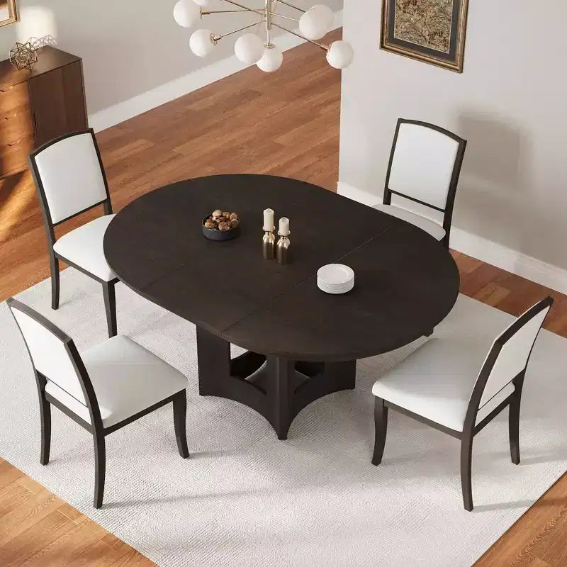 MAYEERTY Ensemble de table à manger ronde extensible 5 pièces style ferme, 16 rallonges amovibles, 4 chaises rembourrées pour 4 personnes, Espresso + Beige