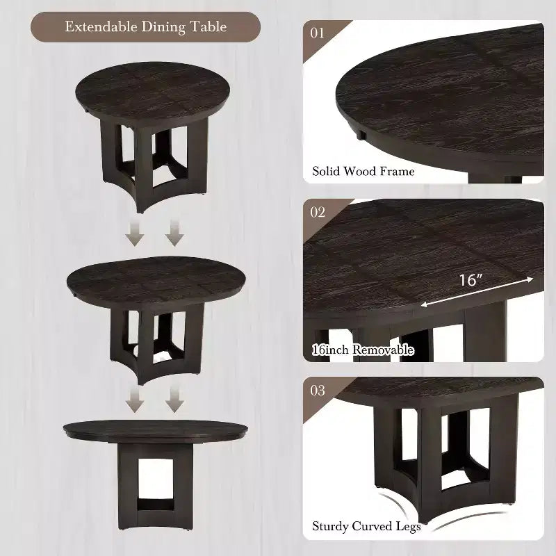 MAYEERTY Ensemble de table à manger ronde extensible 5 pièces style ferme, 16 rallonges amovibles, 4 chaises rembourrées pour 4 personnes, Espresso + Beige