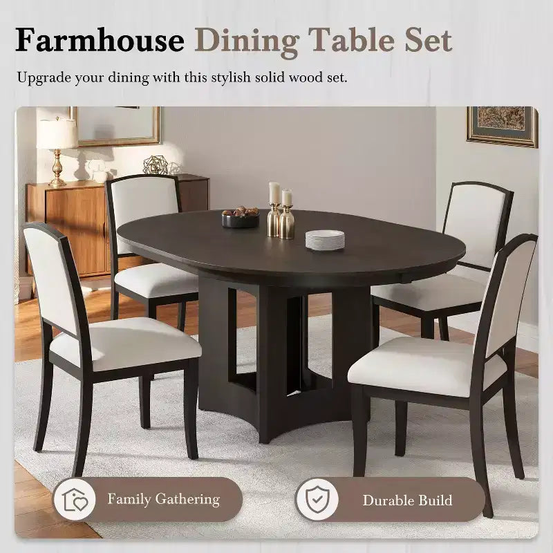 MAYEERTY Ensemble de table à manger ronde extensible 5 pièces style ferme, 16 rallonges amovibles, 4 chaises rembourrées pour 4 personnes, Espresso + Beige