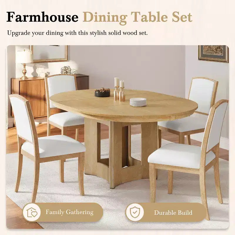 MAYEERTY Ensemble de table à manger ronde extensible 5 pièces style ferme, 16 rallonges amovibles, 4 chaises rembourrées pour 4 personnes, Espresso + Beige