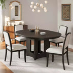 MAYEERTY 5-Piece Farmhouse Extendable Round Dining Table Set, 16 Removable Leaf, 4 Upholstered Chairs for 4 Person, Espresso + Beige