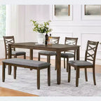 MAYEERTY Set da Pranzo 6 Pezzi per 6 Persone, Tavolo Rettangolare in Legno + 4 Sedie Imbottite e Panca, Grigio