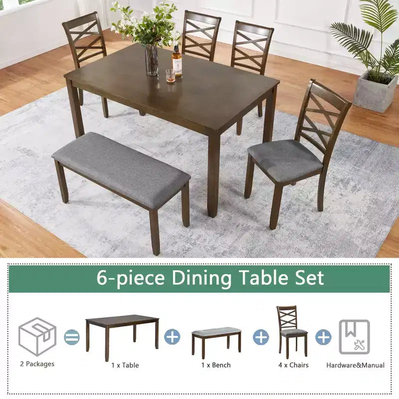 MAYEERTY Set da Pranzo 6 Pezzi per 6 Persone, Tavolo Rettangolare in Legno + 4 Sedie Imbottite e Panca, Grigio
