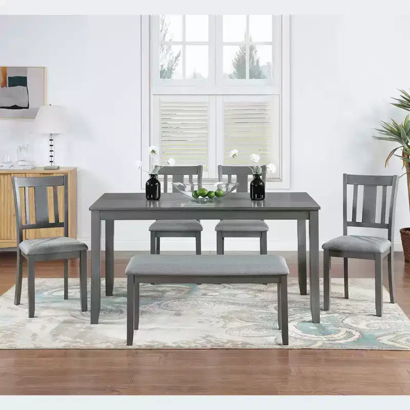 MAYEERTY Set da Pranzo 6 Pezzi per 6 Persone, Tavolo Rettangolare in Legno + 4 Sedie Imbottite e Panca, Grigio