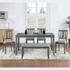 MAYEERTY Set da Pranzo 6 Pezzi per 6 Persone, Tavolo Rettangolare in Legno + 4 Sedie Imbottite e Panca, Grigio