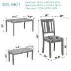 MAYEERTY Set da Pranzo 6 Pezzi per 6 Persone, Tavolo Rettangolare in Legno + 4 Sedie Imbottite e Panca, Grigio