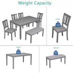 MAYEERTY Set da Pranzo 6 Pezzi per 6 Persone, Tavolo Rettangolare in Legno + 4 Sedie Imbottite e Panca, Grigio