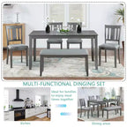 MAYEERTY Set da Pranzo 6 Pezzi per 6 Persone, Tavolo Rettangolare in Legno + 4 Sedie Imbottite e Panca, Grigio