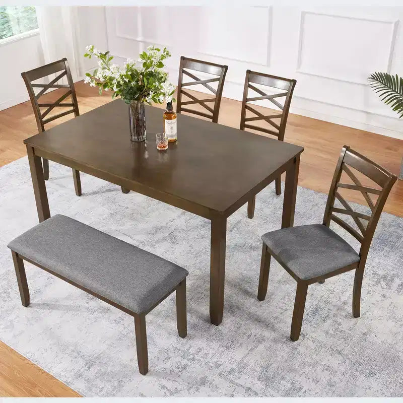 MAYEERTY Ensemble de salle à manger 6 pièces pour 6 personnes, Table rectangulaire en bois + 4 chaises rembourrées et banc, Gris