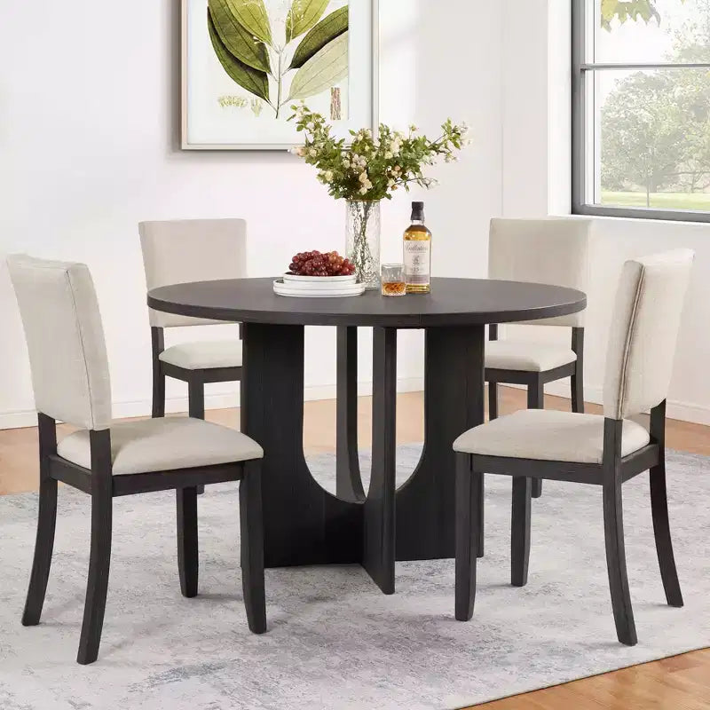 MAYEERTY Set da Pranzo Rotondo Moderno 5 Pezzi 47,3, 4 Sedie Imbottite, Nero Antico e Beige
