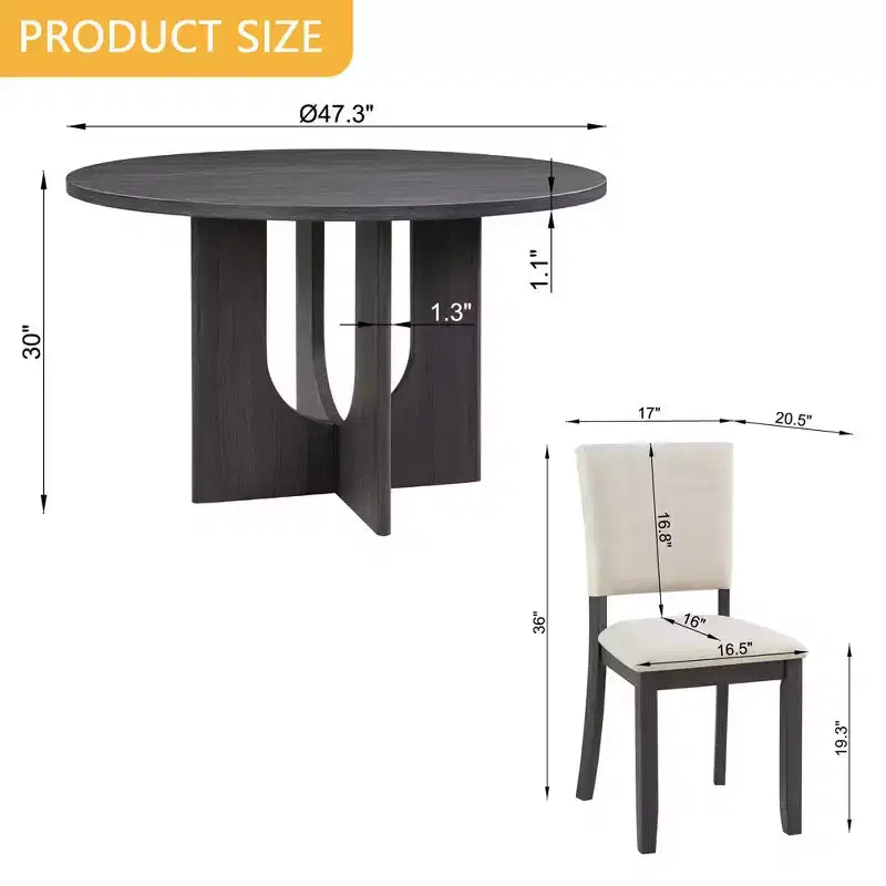 MAYEERTY Set da Pranzo Rotondo Moderno 5 Pezzi 47,3, 4 Sedie Imbottite, Nero Antico e Beige
