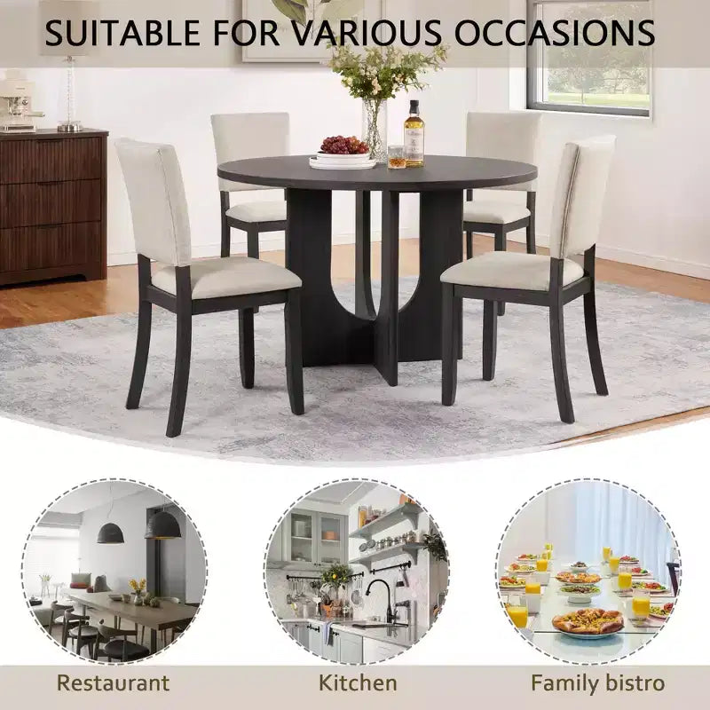 MAYEERTY Set da Pranzo Rotondo Moderno 5 Pezzi 47,3, 4 Sedie Imbottite, Nero Antico e Beige