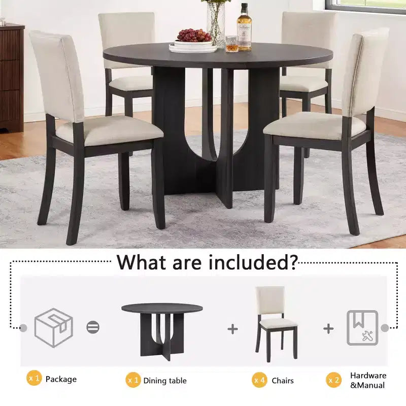 MAYEERTY Set da Pranzo Rotondo Moderno 5 Pezzi 47,3, 4 Sedie Imbottite, Nero Antico e Beige