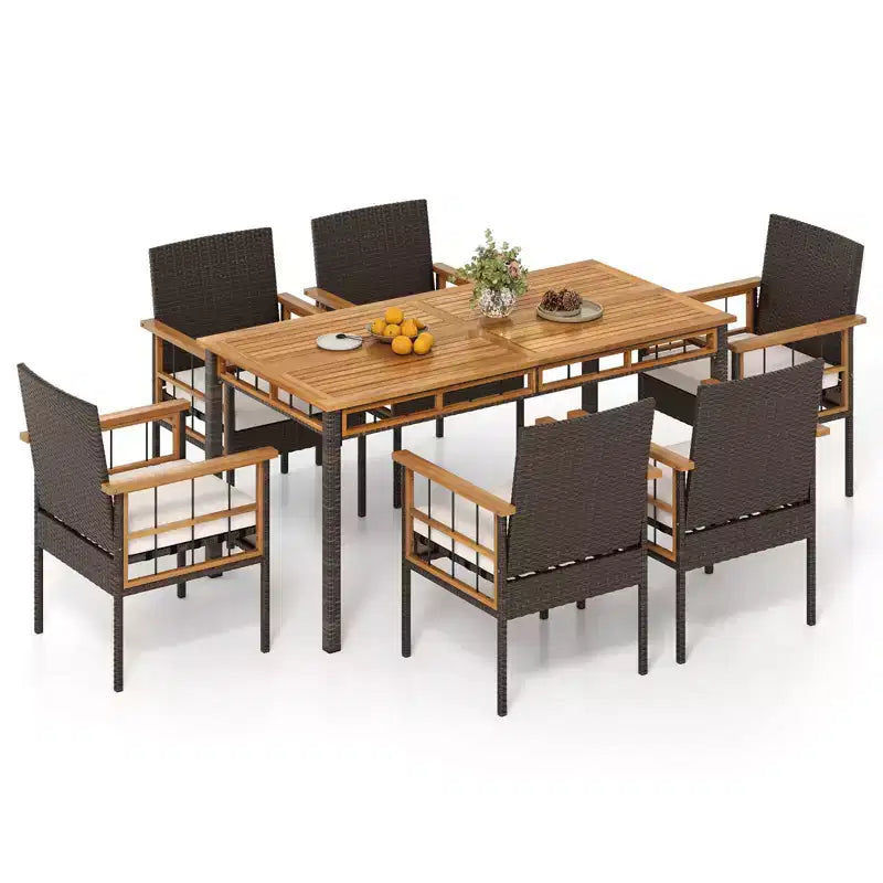 Set da pranzo da giardino Costway a 7 pezzi in vimini PE con foro per ombrellone da 1,97 pollici, cuscini per esterni marrone misto