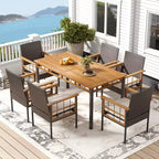 Set da pranzo da giardino Costway a 7 pezzi in vimini PE con foro per ombrellone da 1,97 pollici, cuscini per esterni marrone misto