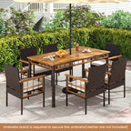 Set da pranzo da giardino Costway a 7 pezzi in vimini PE con foro per ombrellone da 1,97 pollici, cuscini per esterni marrone misto