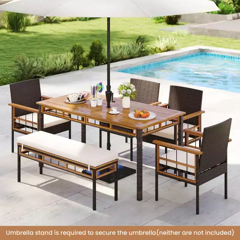 Set da pranzo da giardino Costway a 7 pezzi in vimini PE con foro per ombrellone da 1,97 pollici, cuscini per esterni marrone misto