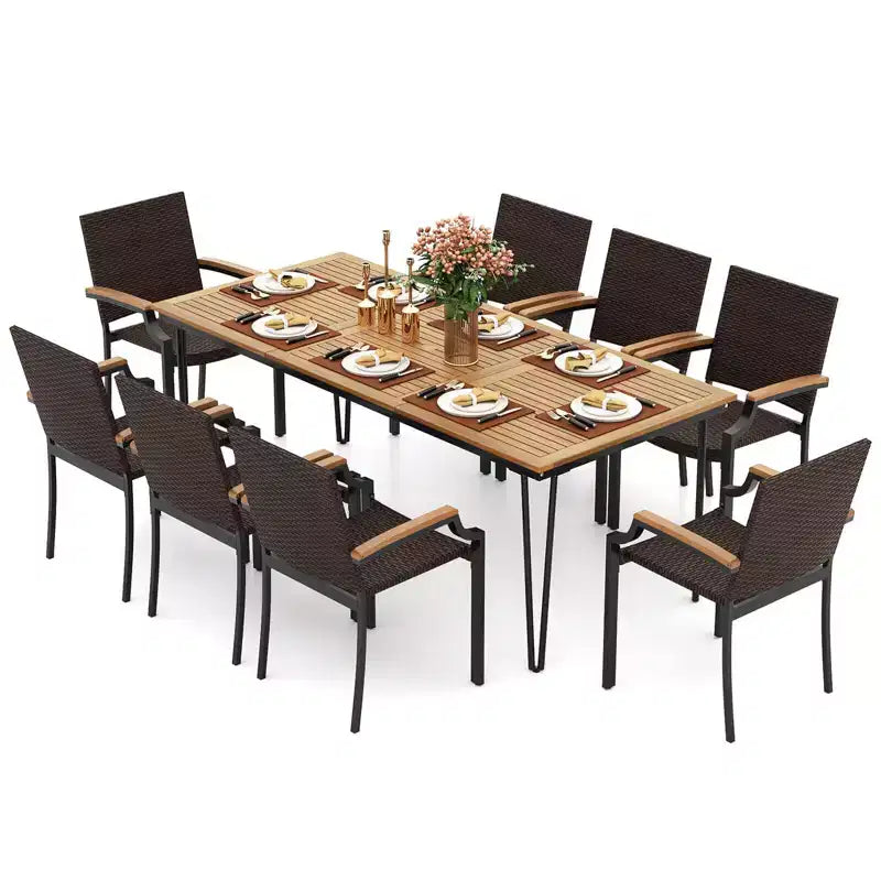 Set da pranzo da esterni Costway 9 pezzi con tavolo rettangolare da 79 pollici e 8 sedie impilabili in rattan