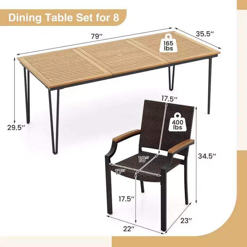 Set da pranzo da esterni Costway 9 pezzi con tavolo rettangolare da 79 pollici e 8 sedie impilabili in rattan