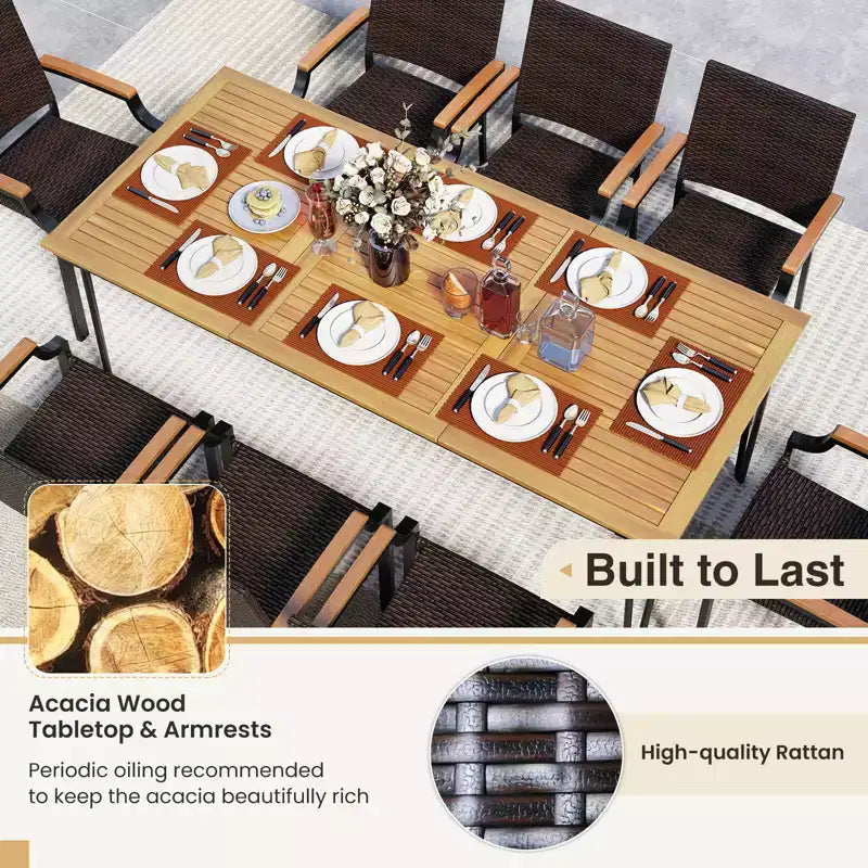 Set da pranzo da esterni Costway 9 pezzi con tavolo rettangolare da 79 pollici e 8 sedie impilabili in rattan