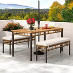 Costway Set da Pranzo per Esterni 3 Pezzi in Legno di Acacia con Foro per Ombrellone da 5 cm e Cuscini per Giardino Marrone Misto