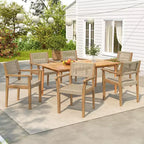 7PCS Outdoor Dining Set Patio Furniture Set with 6 Wicker Chairs & 1 Teak-Finish Dining Table, Acacia Wood Tabletop - ModernLuxe