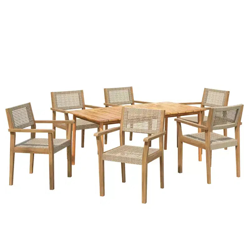 Set da pranzo da esterno 7 pezzi, con 6 sedie in vimini e 1 tavolo da pranzo con finitura teak, piano in legno di acacia - ModernLuxe