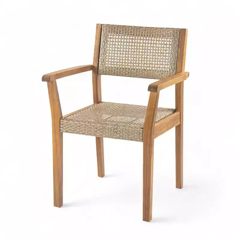 Set da pranzo da esterno 7 pezzi, con 6 sedie in vimini e 1 tavolo da pranzo con finitura teak, piano in legno di acacia - ModernLuxe