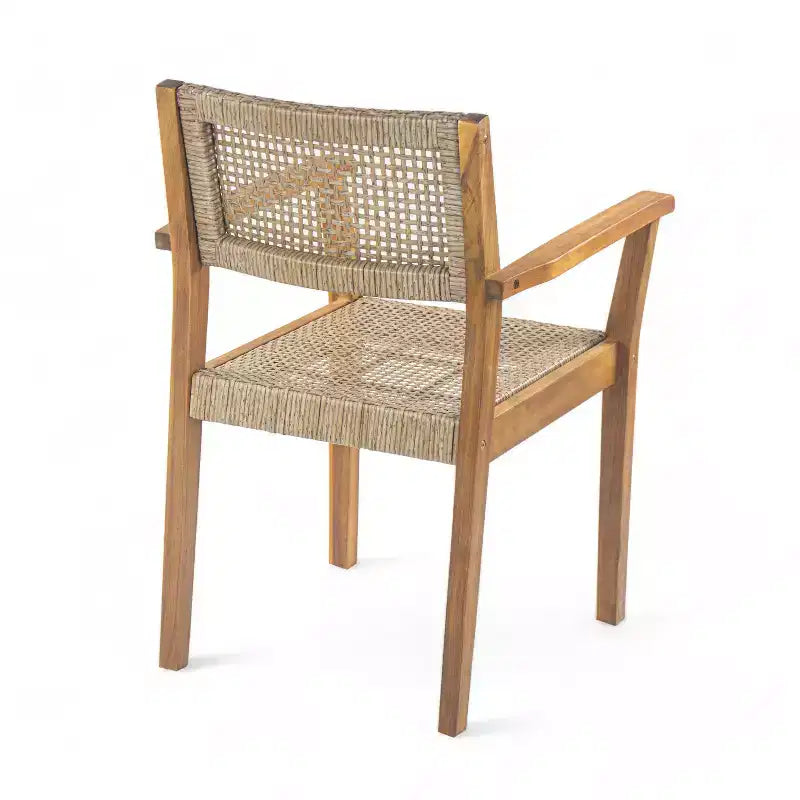 Set da pranzo da esterno 7 pezzi, con 6 sedie in vimini e 1 tavolo da pranzo con finitura teak, piano in legno di acacia - ModernLuxe