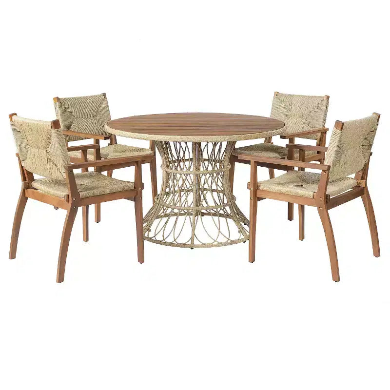 Christopher Knight Home Nan Set da Pranzo da Esterno a 5 Pezzi in Legno di Acacia con 4 Poltrone in Vimini