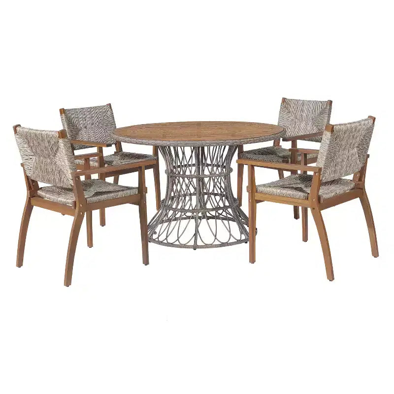Christopher Knight Home Nan Set da Pranzo da Esterno a 5 Pezzi in Legno di Acacia con 4 Poltrone in Vimini