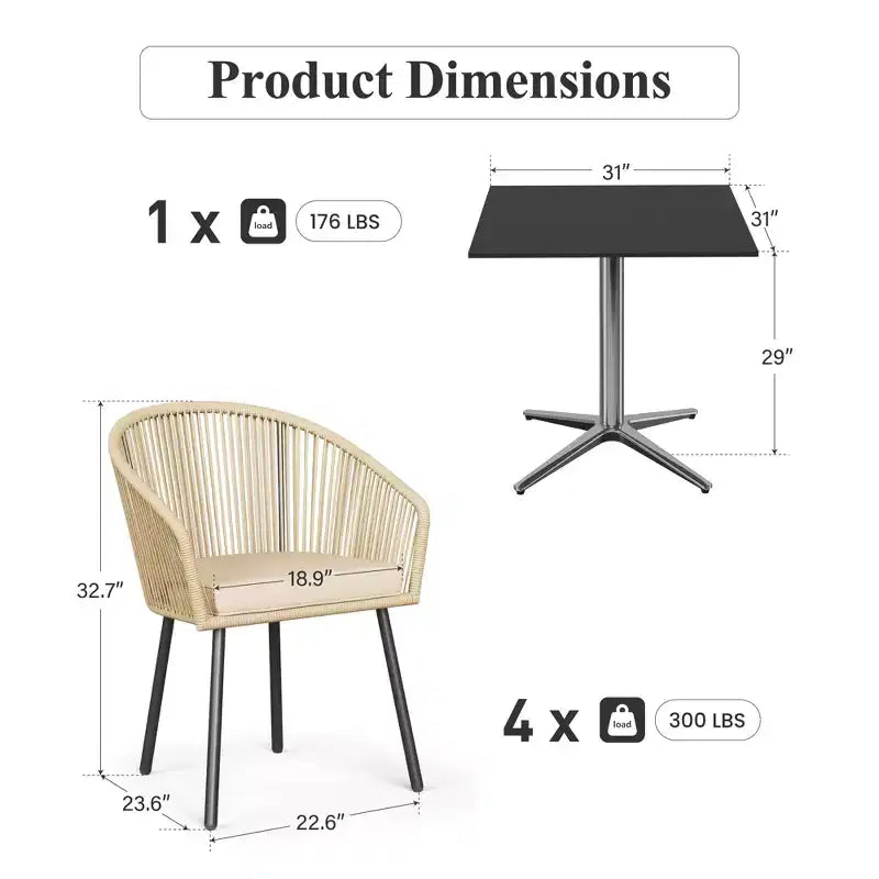 Captiva Designs - Tavolo da pranzo da esterno 5 pezzi con gambe a X e schienale in corda intrecciata con cuscino del sedile