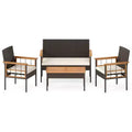 Gymax Set of 4 Patio Dining Set w/Acacia Wood Coffee Table White Cushions for Backyard Garden