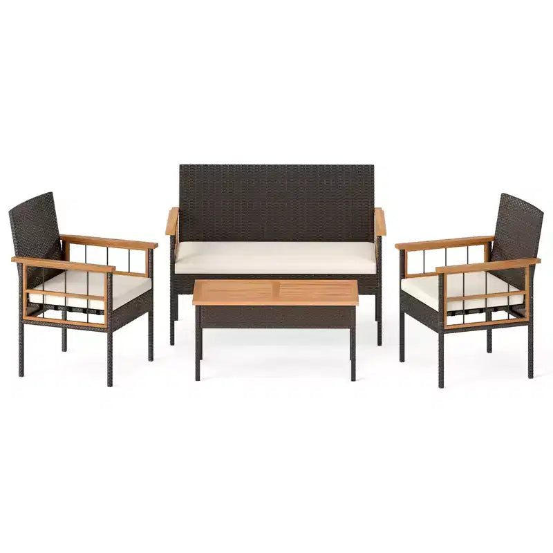 Gymax Set of 4 Patio Dining Set w/Acacia Wood Coffee Table White Cushions for Backyard Garden
