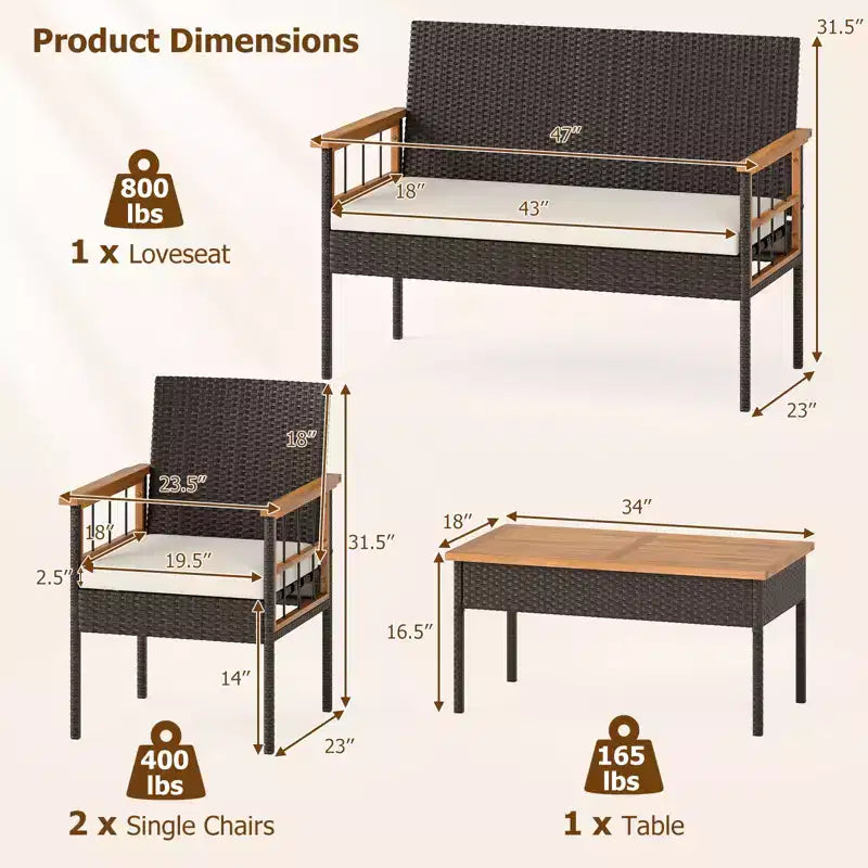 Ensemble de 4 pièces de salle à manger d'extérieur Gymax avec table basse en bois d'acacia et coussins blancs pour jardin ou terrasse