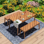 GDFStudio Lucas Patio Modern Acacia Wood 3-Piece Dining Table Set with Two Benches