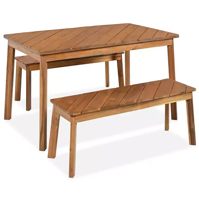 GDFStudio Lucas Patio Ensemble de salle à manger moderne 3 pièces en bois d'acacia avec deux bancs