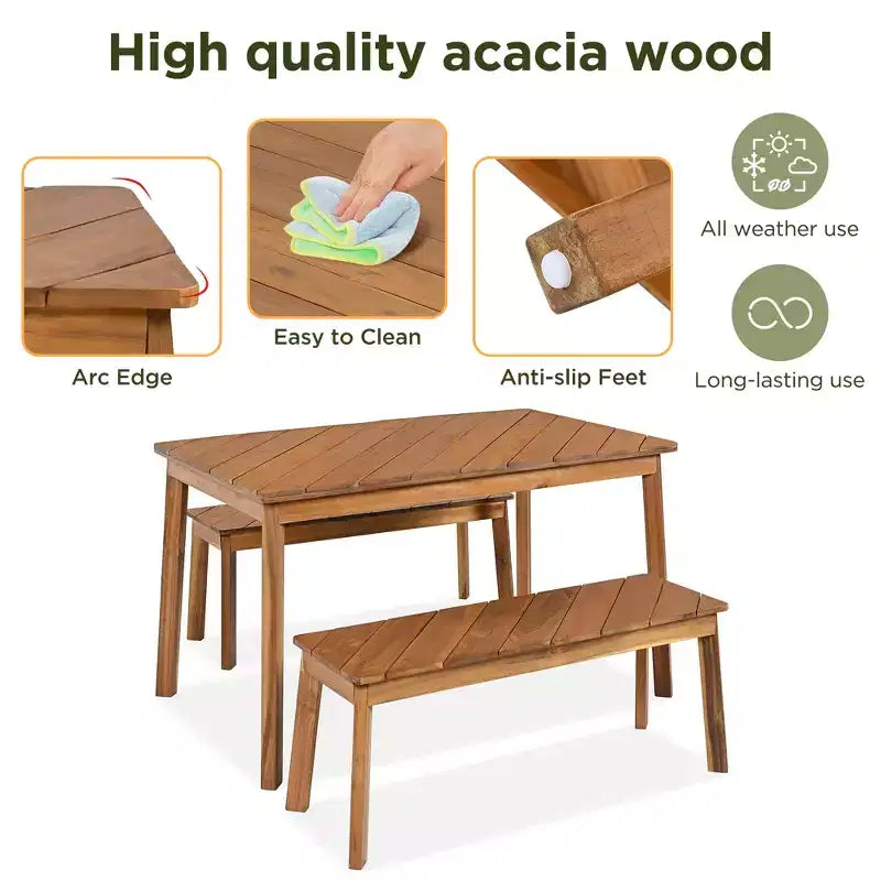 GDFStudio Lucas Patio Ensemble de salle à manger moderne 3 pièces en bois d'acacia avec deux bancs