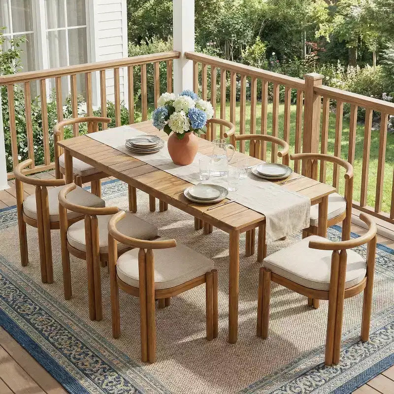 Christopher Knight Home Eleni Ensemble de salle à manger d'extérieur rustique 9 pièces en bois d'acacia avec plateau à lattes et coussins