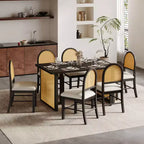Set Tavolo da Pranzo 7 Pezzi in Stile Rustico per 6 Persone - Tavolo Rettangolare da 59.8" con Finitura Invecchiata e 6 Sedie in Rattan, Mobili da Cucina Rustici