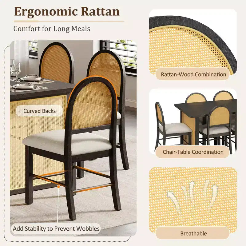 Set Tavolo da Pranzo 7 Pezzi in Stile Rustico per 6 Persone - Tavolo Rettangolare da 59.8" con Finitura Invecchiata e 6 Sedie in Rattan, Mobili da Cucina Rustici