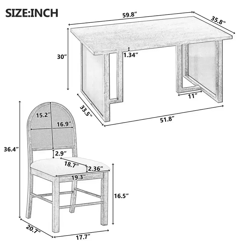 Set Tavolo da Pranzo 7 Pezzi in Stile Rustico per 6 Persone - Tavolo Rettangolare da 59.8" con Finitura Invecchiata e 6 Sedie in Rattan, Mobili da Cucina Rustici