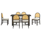 Set Tavolo da Pranzo 7 Pezzi in Stile Rustico per 6 Persone - Tavolo Rettangolare da 59.8" con Finitura Invecchiata e 6 Sedie in Rattan, Mobili da Cucina Rustici