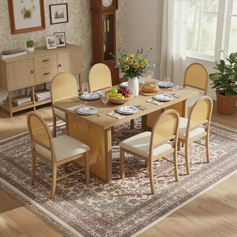 Ensemble de table à manger 7 pièces de style ferme pour 6 personnes - Table à manger rectangulaire de 152 cm avec finition vieillie et 6 chaises en rotin, Meubles de cuisine rustiques