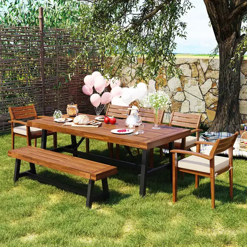 Ensemble de salle à manger d'extérieur 7 pièces GDFStudio Murray Modern Farmhouse en bois d'acacia avec table, banc et chaises rembourrées