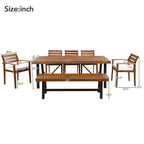 Ensemble de salle à manger d'extérieur 7 pièces GDFStudio Murray Modern Farmhouse en bois d'acacia avec table, banc et chaises rembourrées