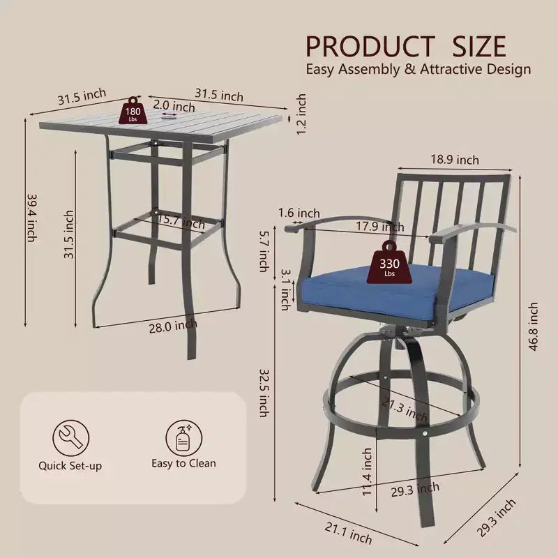 ALAULM Ensemble de bar de terrasse 3 pièces, ensemble de table de terrasse avec 2 tabourets de bar hauts et 1 table de bar, pour cuisine, pelouse, terrasse