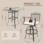 ALAULM Ensemble de bar de terrasse 3 pièces, ensemble de table de terrasse avec 2 tabourets de bar hauts et 1 table de bar, pour cuisine, pelouse, terrasse