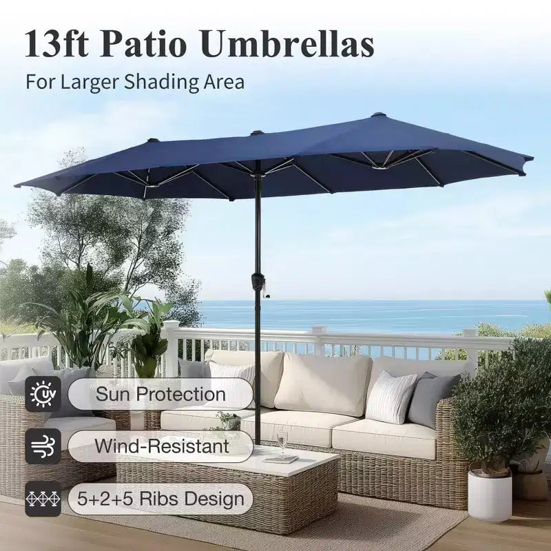 Captiva Designs Set da pranzo da 8 pezzi per esterni con tavolo rettangolare in acciaio, sedie in acciaio nero e ombrellone a palo centrale
