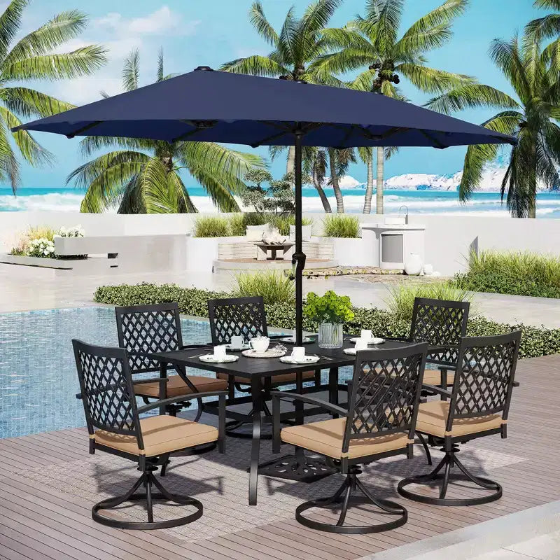 Captiva Designs Table à manger rectangulaire en acier 8 pièces, chaises en acier noir et parasol de marché